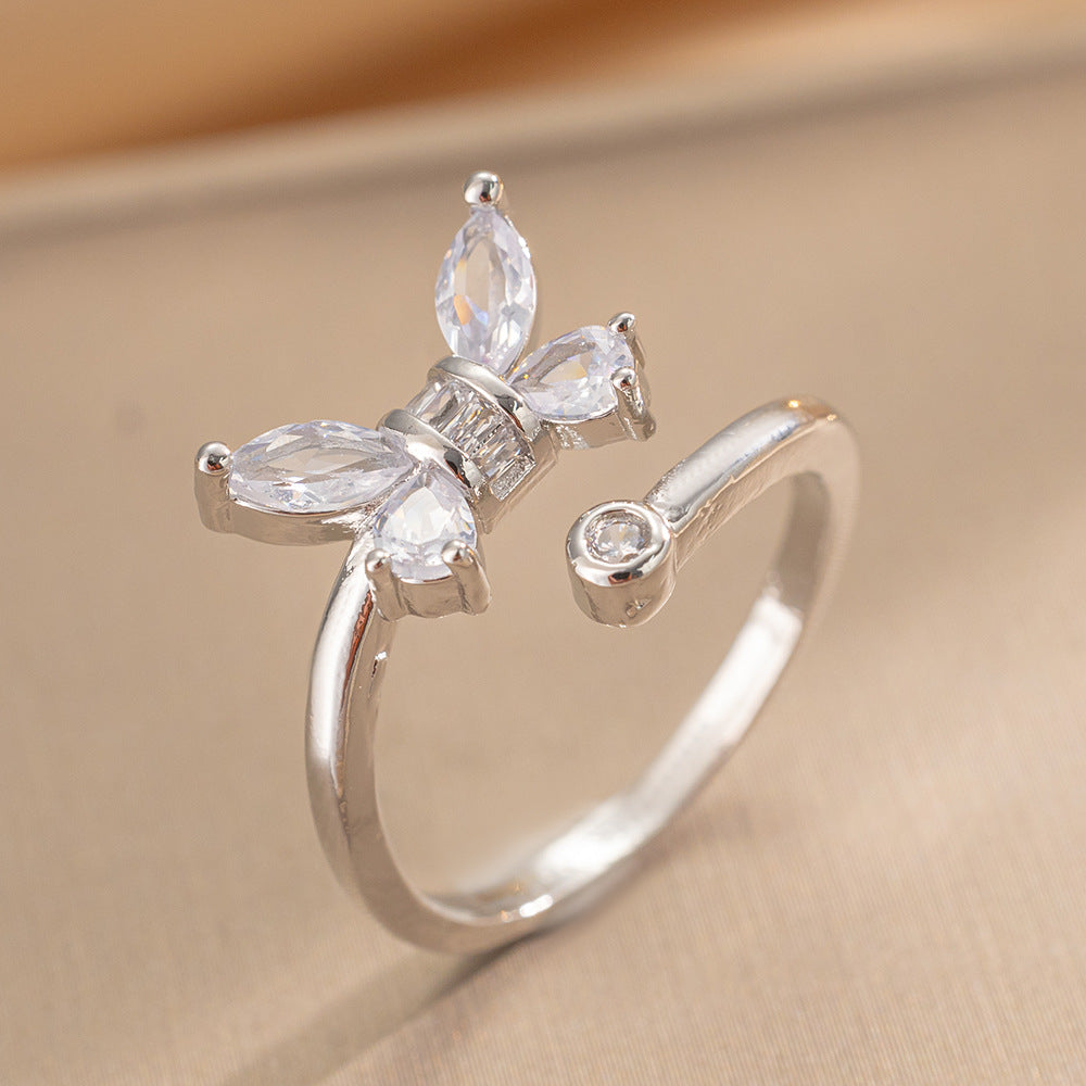 Luxury Minimalist Adjustable Open Ring for Women with Gold-Plated Copper Band and Zircon Stone Accent in Heart and Floral Shape