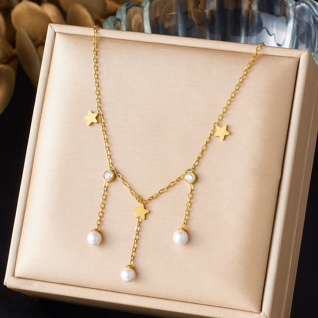 Gold Plated Stainless Steel Star Pendant Necklace with Imitation Pearl and Tassel for Women