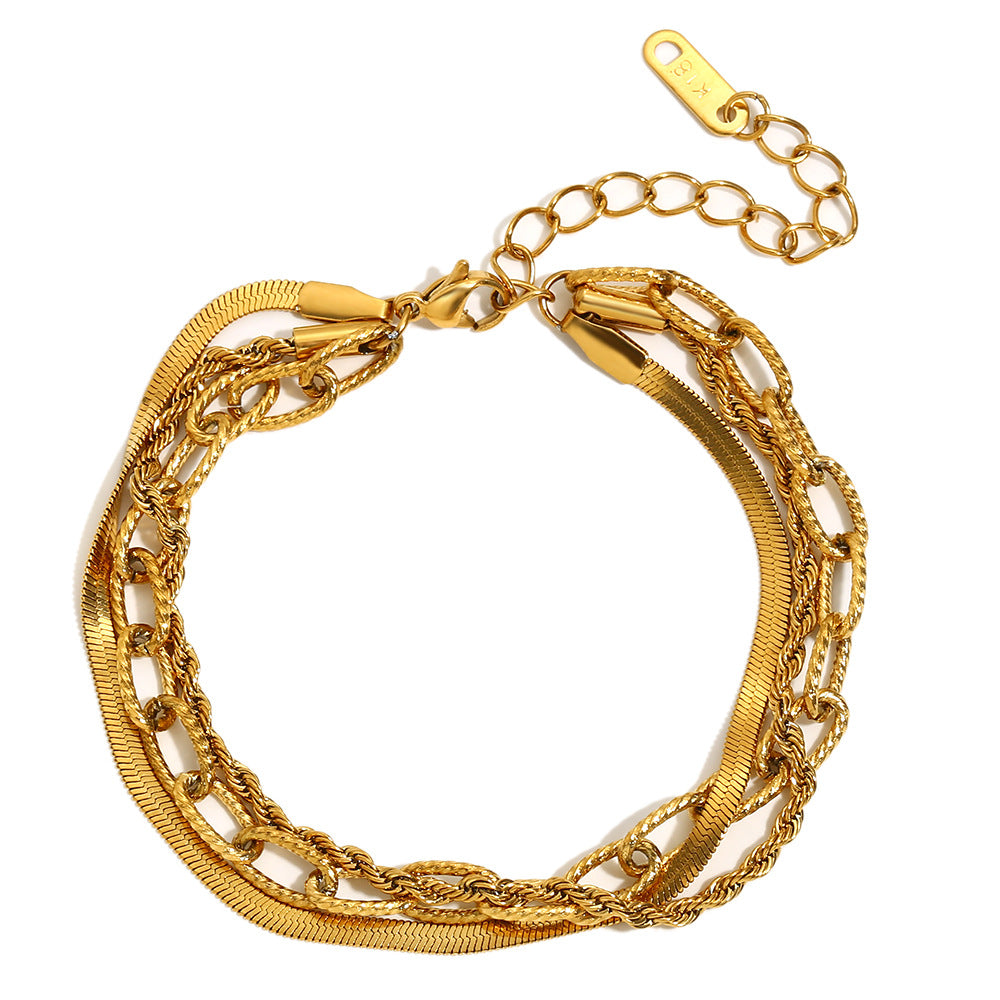 Fashionable Geometric Braided Paperclip Stainless Steel Plated 18K Gold Triple-Link Bracelet for Women