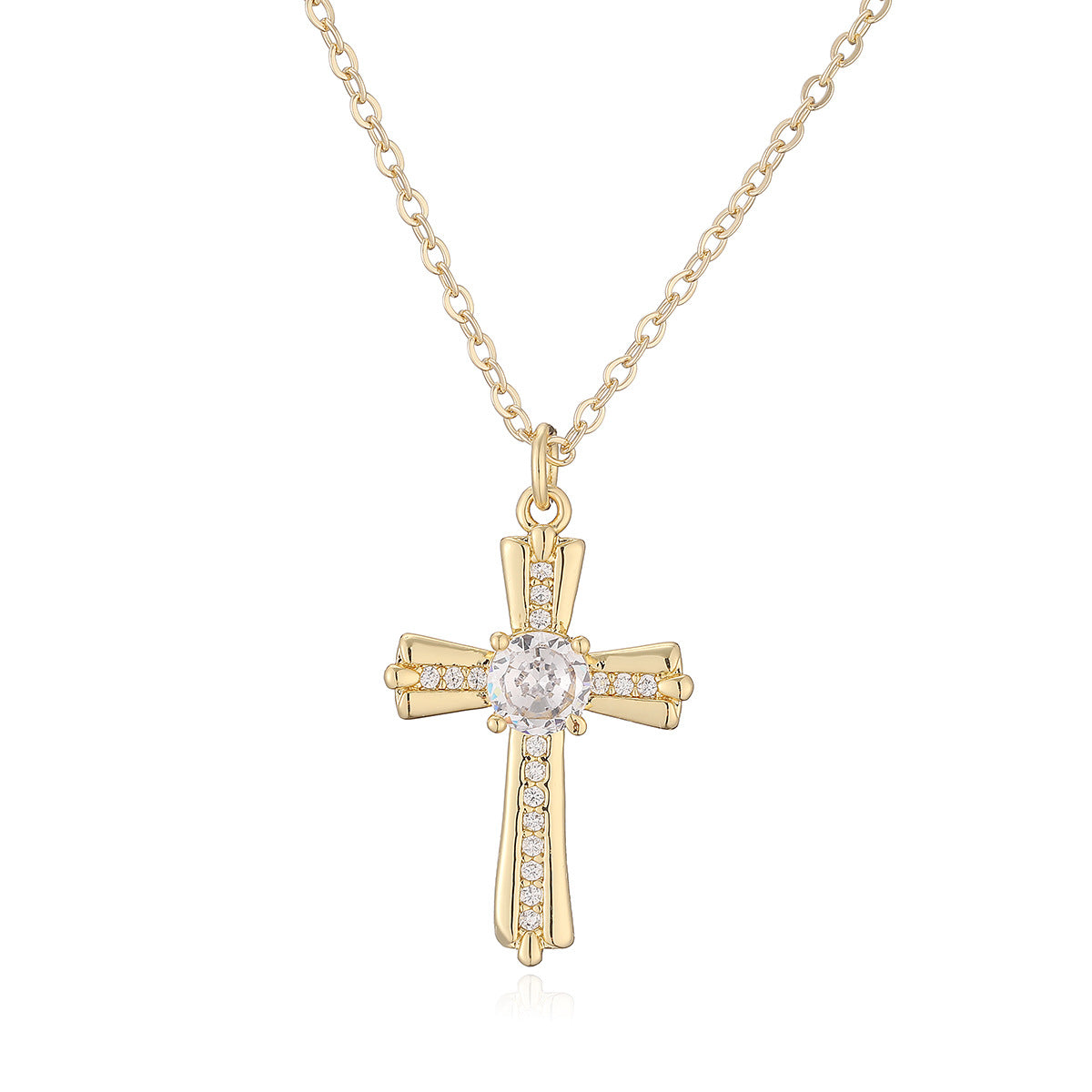 Minimalist Elegant 18K Gold Plated Brass Cross Pendant Necklace with Cubic Zirconia for Women