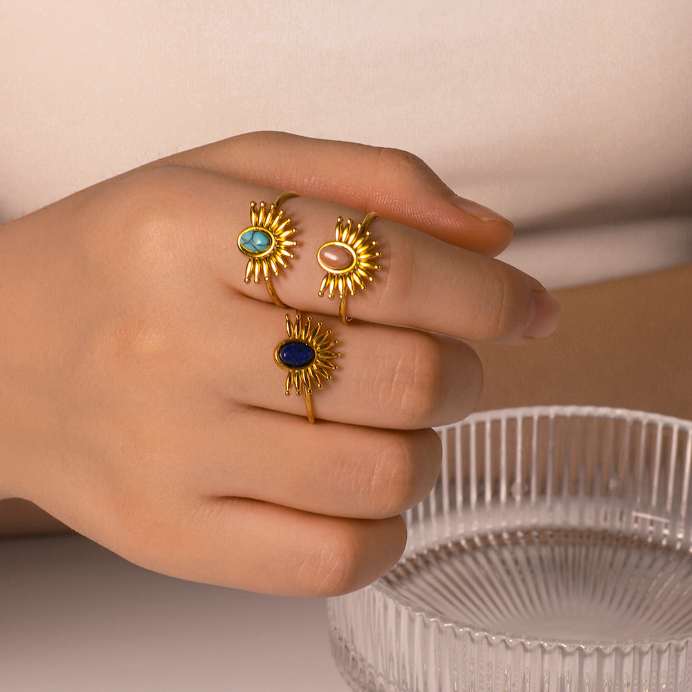INS Style Geometric Sun-Shaped Stainless Steel Ring with Turquoise Inlay for Women and Men