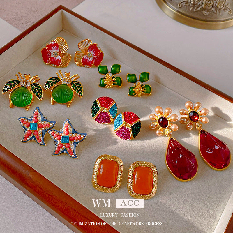 Vintage Floral Geometric Earrings with Rhinestone Inlay and Enamel Finish in Brass with Steel Posts for Women