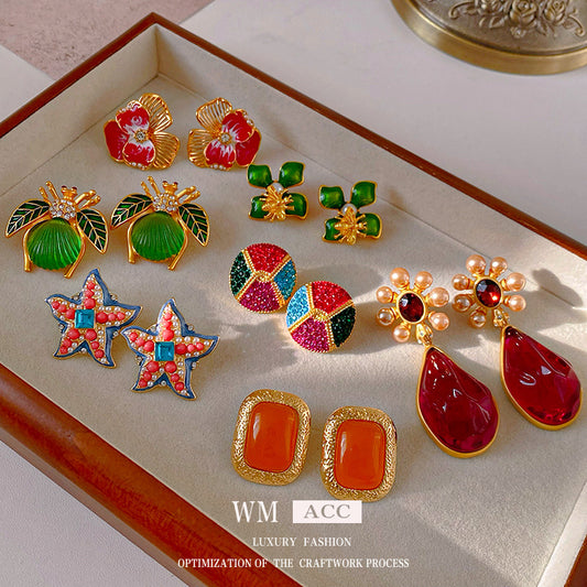 Vintage Floral Geometric Earrings with Rhinestone Inlay and Enamel Finish in Brass with Steel Posts for Women