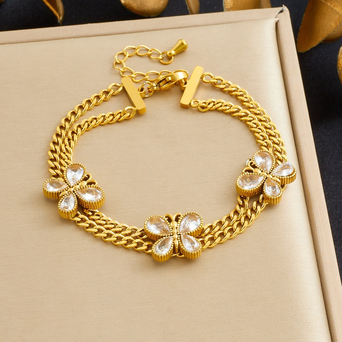 Gold Plated Stainless Steel Butterfly Rhinestone Double Layer Chain Bracelet for Women