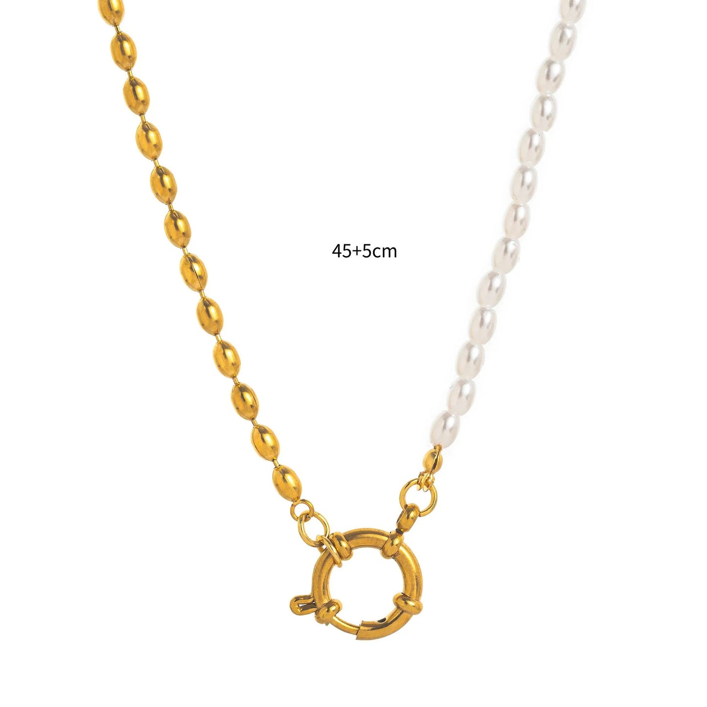 Minimalist 18K Gold Plated Geometric Titanium Steel Necklace with Pearl Paperclip Charm