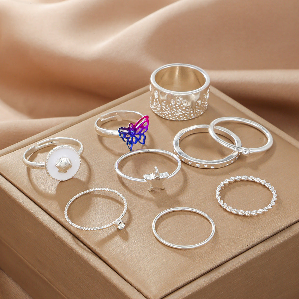 Sweet Silver Plated Alloy Butterfly Star Shell Rhinestone Crystal Geometric Ring Set