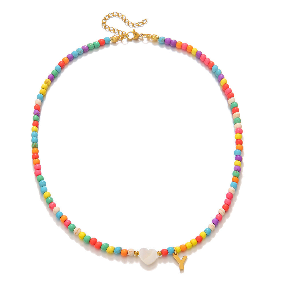 Fashion Stainless Steel Letter Heart Turquoise Charm Bar Necklace Cable Chain Unisex