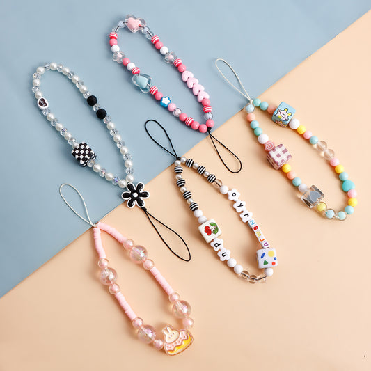 Sweet Colorful Acrylic Beaded Phone Chain with Heart Teardrop and Round Charms