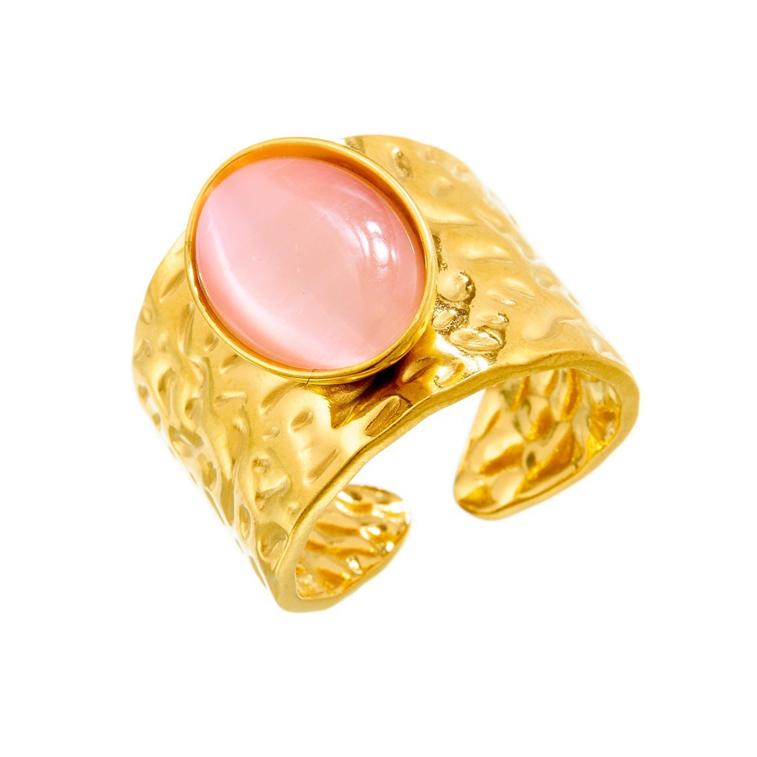 Vintage Gold Plated Stainless Steel Oval Geometric Gemstone Inlay Wide Band Ring