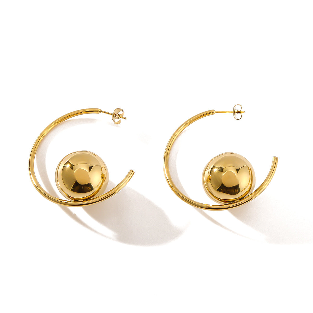 Minimalist Geometric C-Shaped Hollow Stainless Steel Earrings with Lightweight Spherical Design and 18K Vacuum Plating Finish