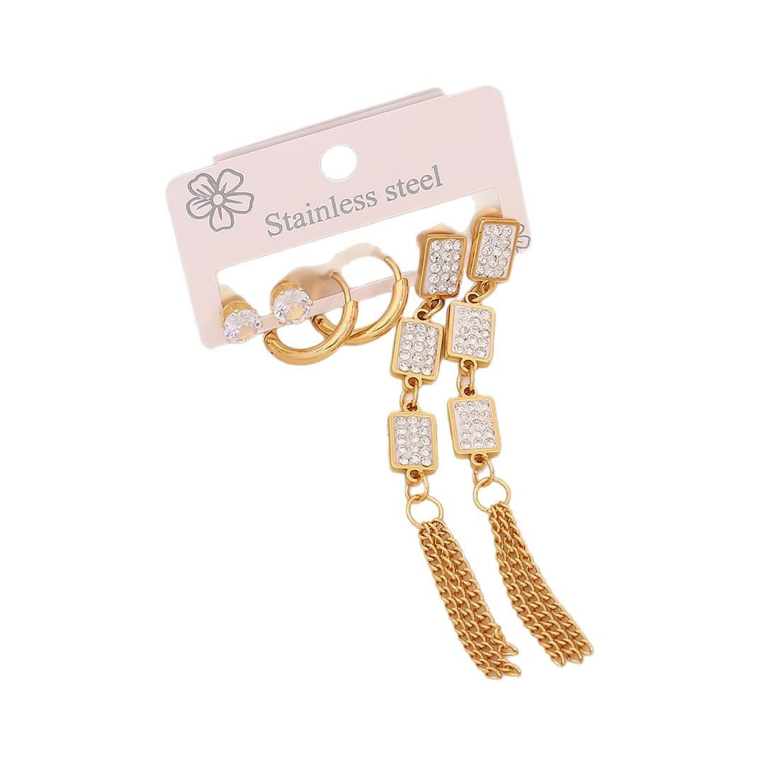 Fashionable Floral and Teardrop-Shaped Stainless Steel Stud Earrings with Dangle Fringe for Women