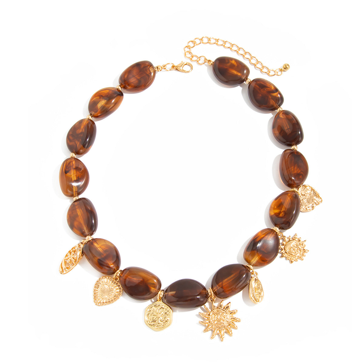 Vintage Ethnic Geometric Heart Alloy Pendant Resin Plated Necklace for Women