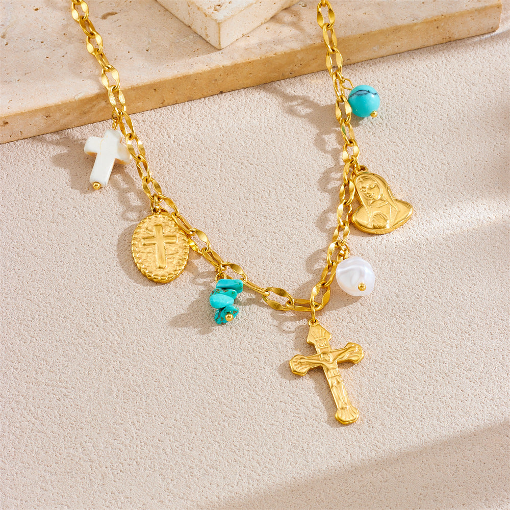 Personalized Gold Plated Stainless Steel Cross Pendant Necklace with Pearl and Crushed Stone Accents