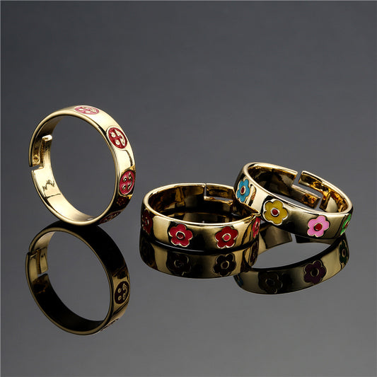 Geometric Floral Drip Oil Gold Plated Brass Ring for Women
