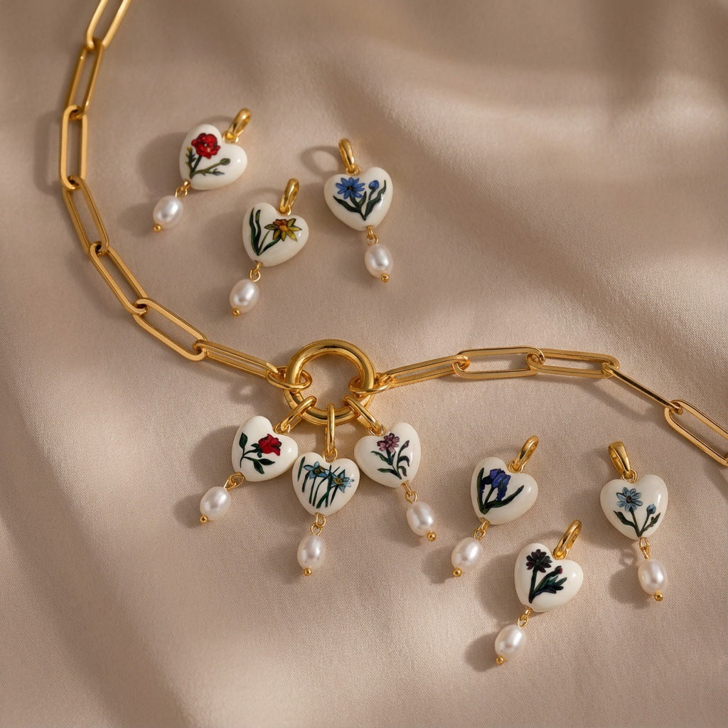 Vintage 18K Gold Plated Brass Heart Flower Charm Bar Pendant Paperclip Chain Necklace Unisex