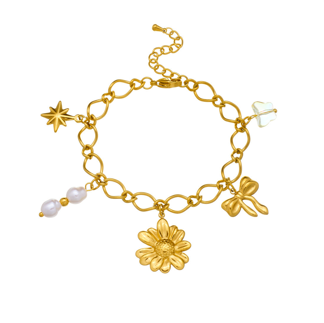 Vintage Elegant Gold Plated Floral Pearl Pendant Stainless Steel Bracelet