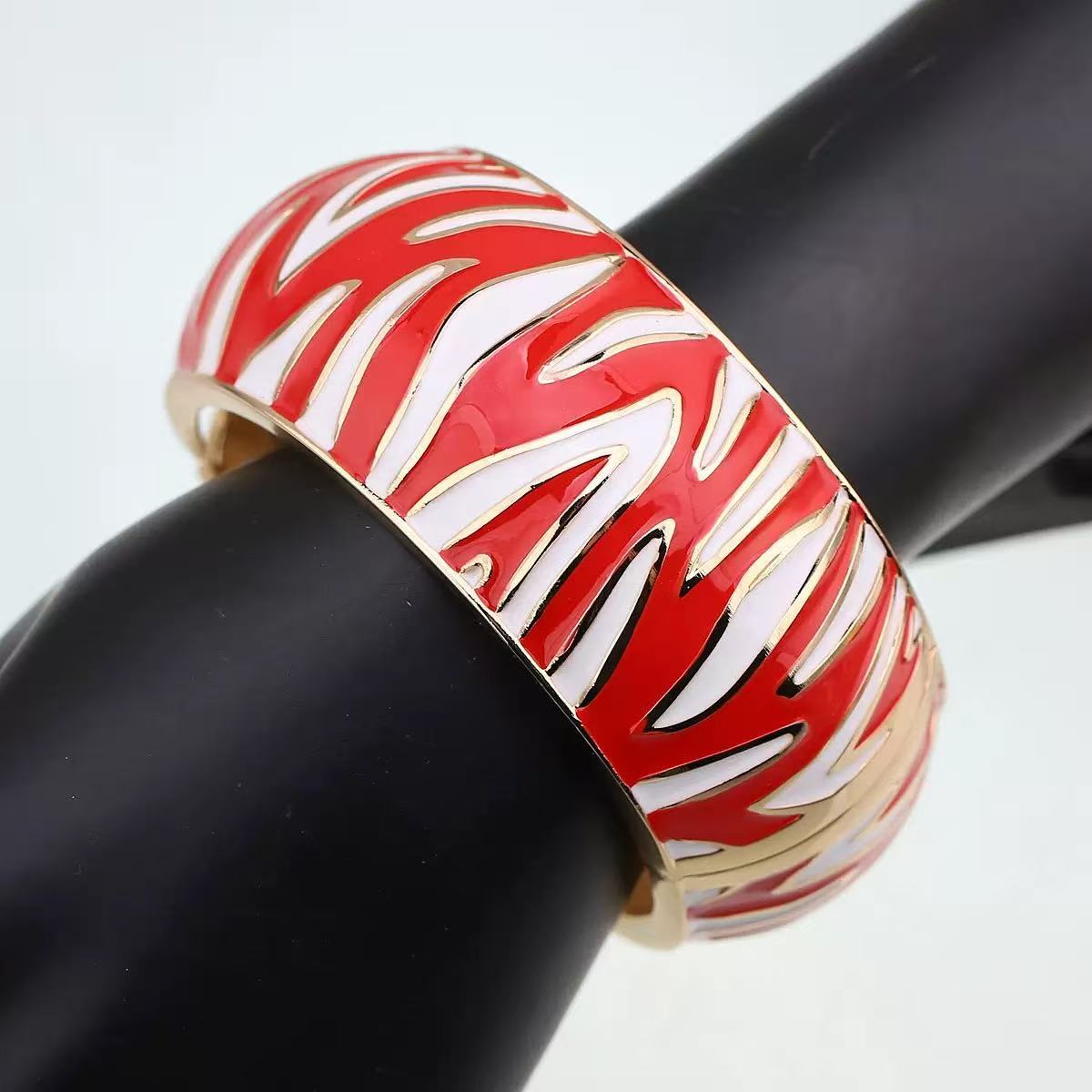 Punk Geometric Zebra Print Enamel Drip Oil Alloy Wide Cuff Bracelet for Women