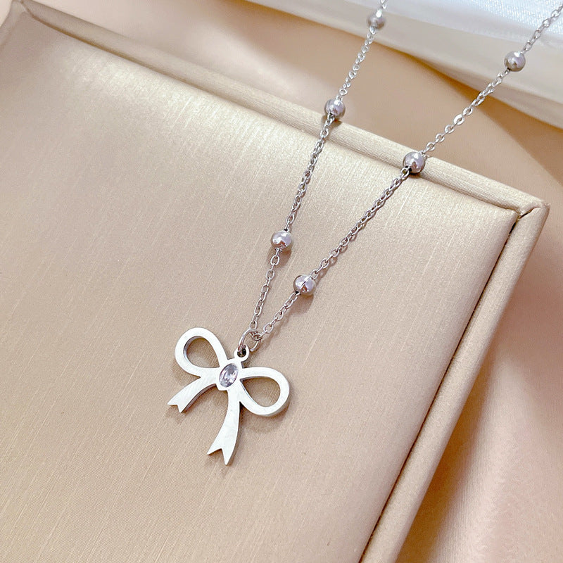 Butterfly Minimalist Plated Titanium Steel Collar Chain Necklace with Rhinestone Floral Accents