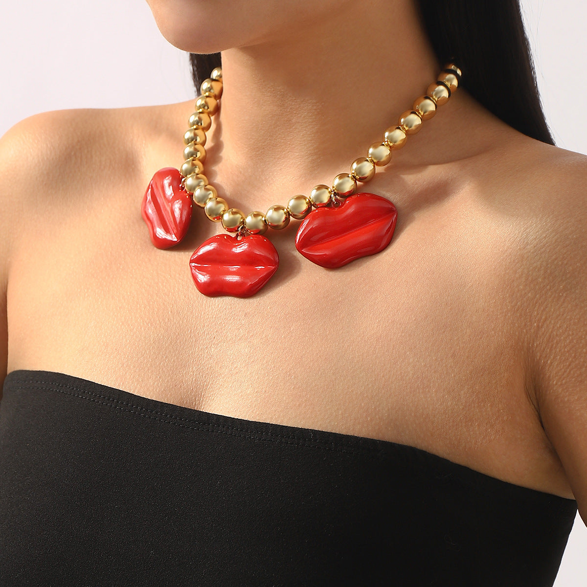 Fashionable Lip-Shaped Pendant Necklace with Enamel Finish in Alloy for Women, Summer Statement Beaded Jewelry