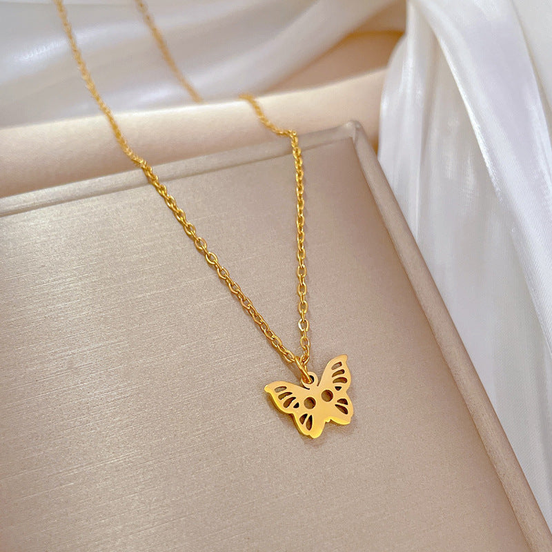 Minimalist Butterfly Pendant Necklace for Women in Titanium Steel with Gold Plating and Geometric Design