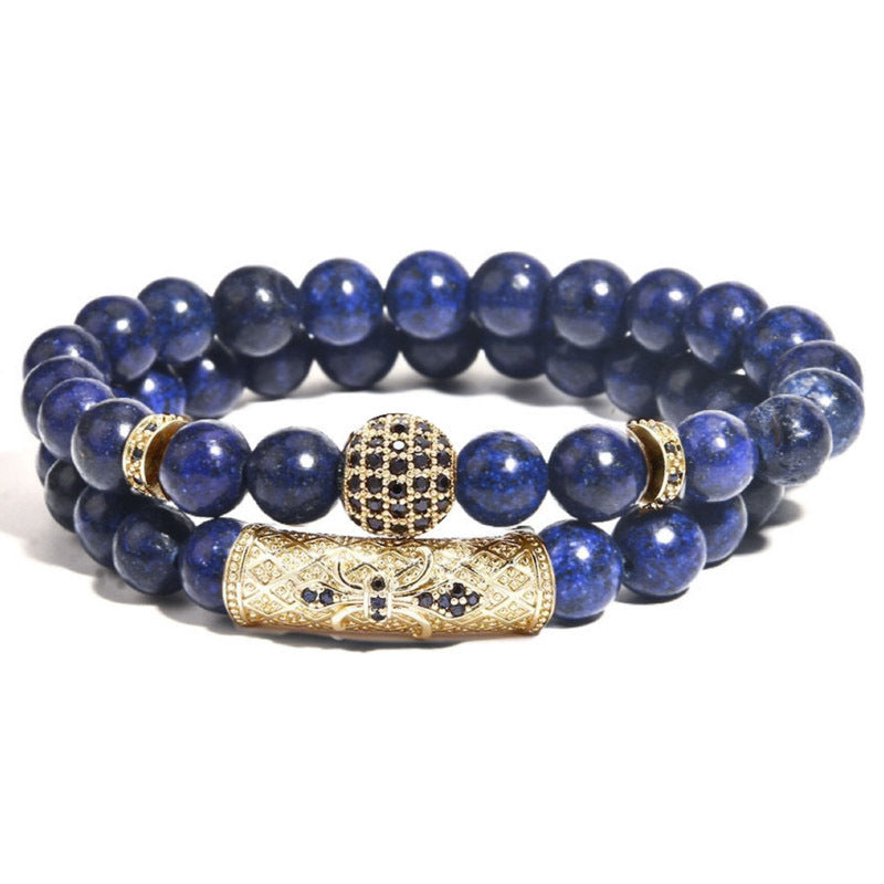 Business Crown Shape Brass Inlay Agate Rhinestone Unisex Bracelet Set