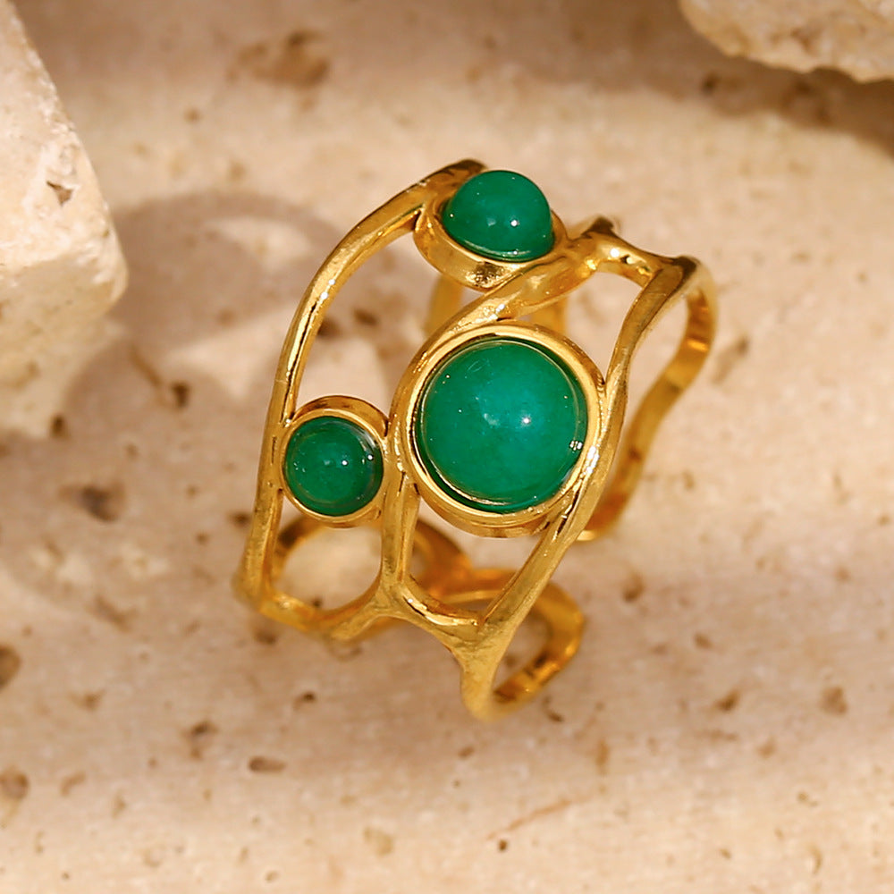 Fashionable Geometric Stainless Steel Ring with 18K Gold Plating and Emerald Accent for Women