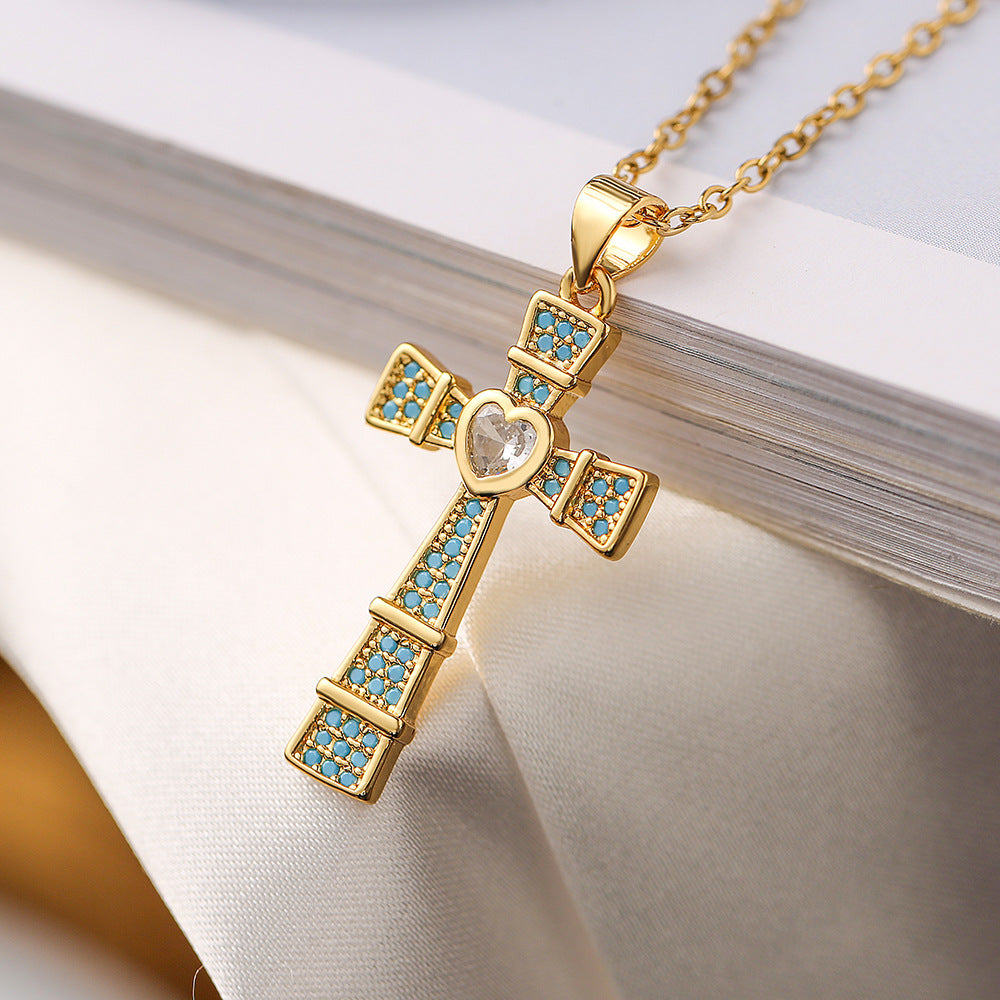Geometric Cross Pendant Necklace for Women Made of Copper with 18K Gold Plating and Zircon Inlay