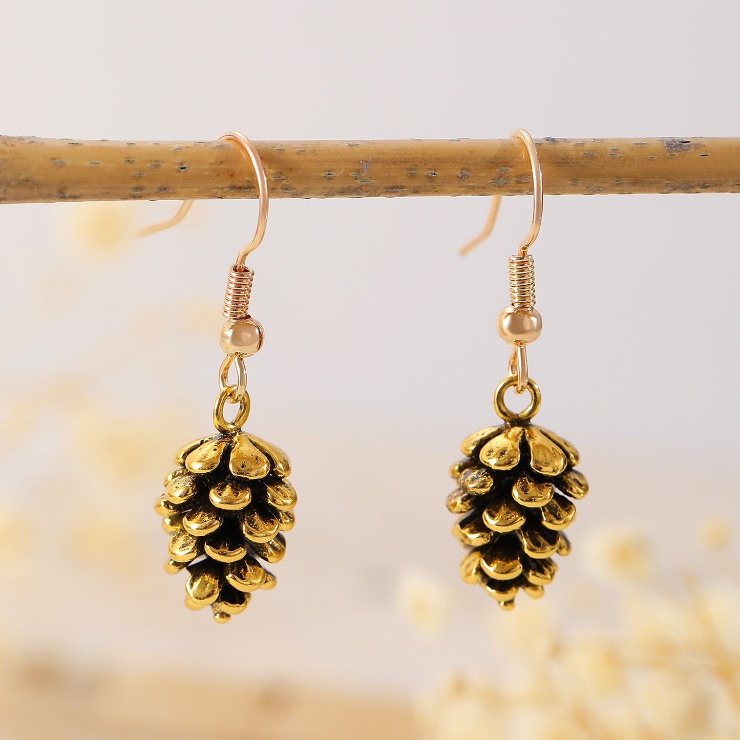 Vintage-Inspired Pine Branch and Pinecone Earrings in Alloy with Gold Plating for Women