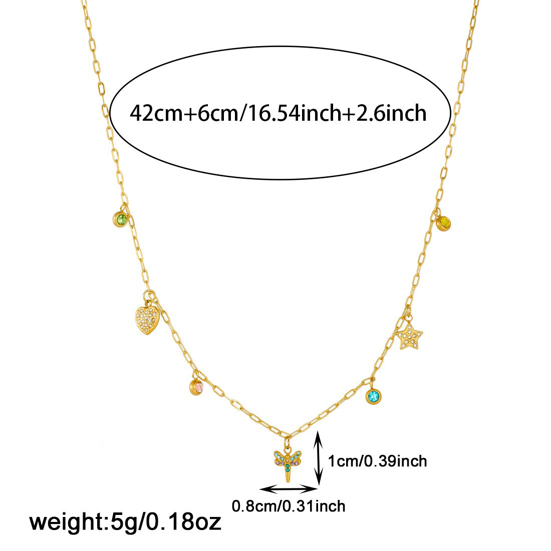 Sweet Gold Plated Stainless Steel Dragonfly Heart Star Necklace with Cubic Zirconia