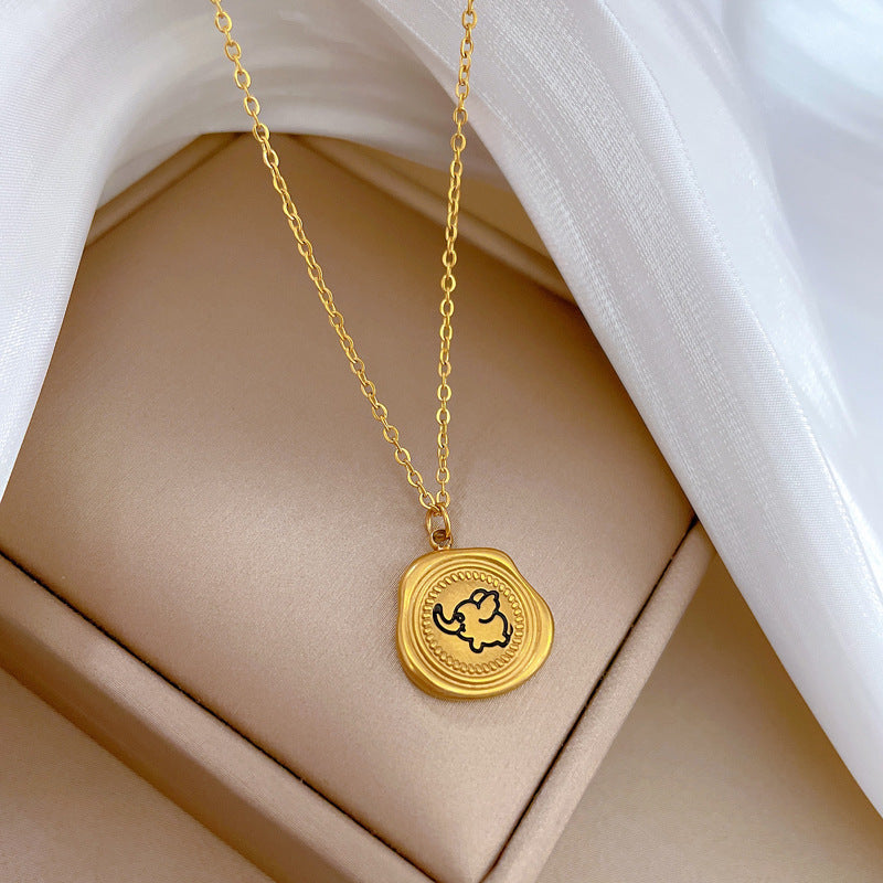 Minimalist Elephant Pendant Necklace for Women Titanium Steel Plated Locket Chain with Geometric Cut Corner Square Design