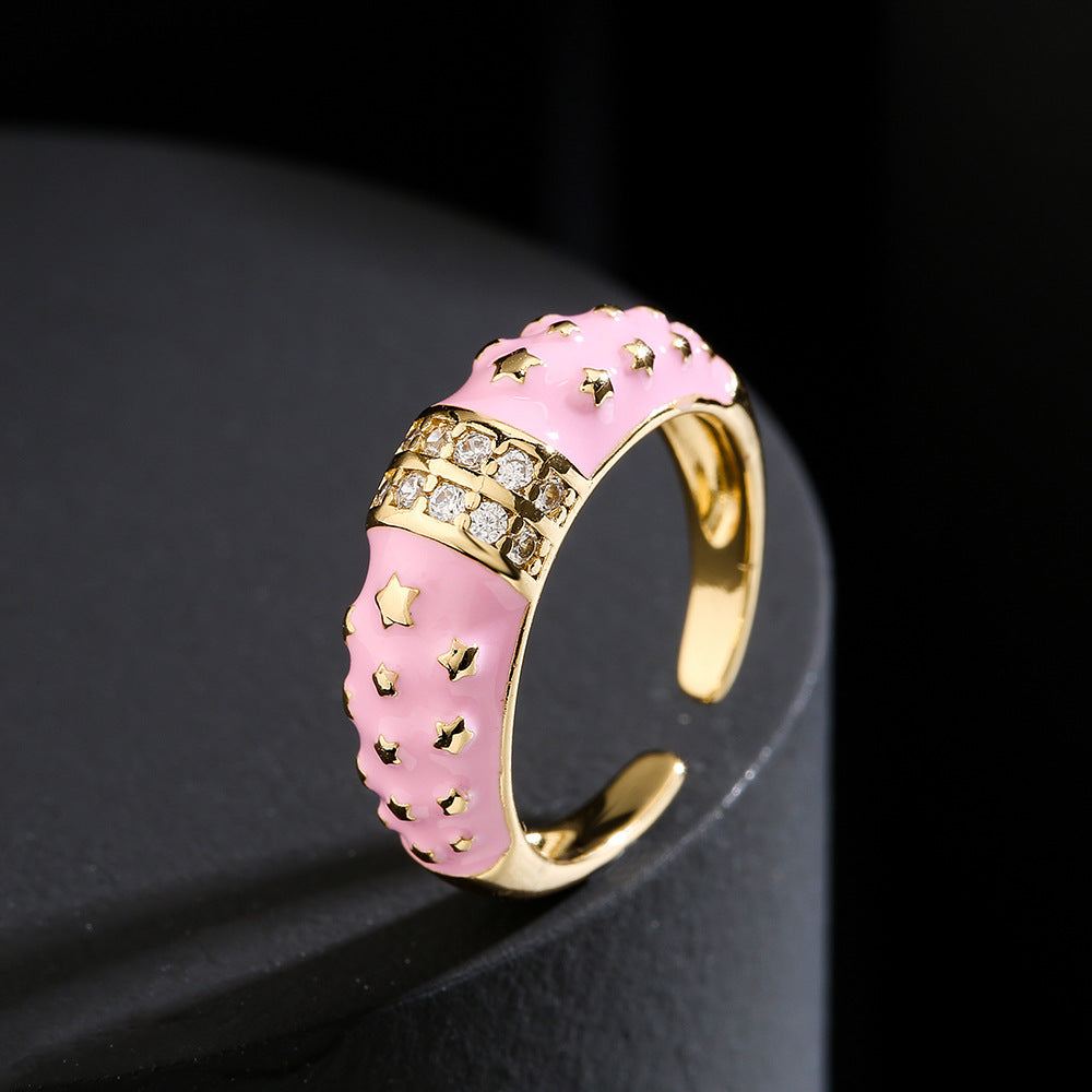 Anello Aperto Geometrico Stile Bohemien in Rame con Placcatura in Oro 18K e Zirconia Smaltata Colorata