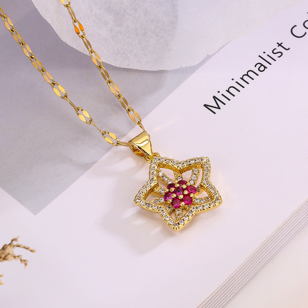 Elegant Floral Pendant Necklace for Women Made of Brass with Real Gold Plating and Zircon Accents
