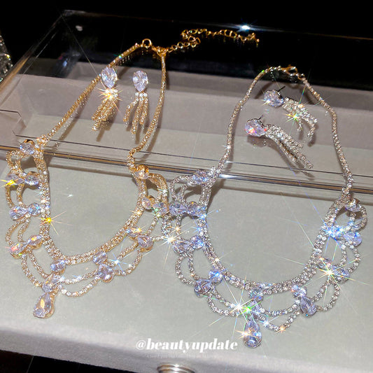 Elegant Floral Edge Stud Earrings and Clavicle Necklace Set in Copper with Zircon Inlay for Women