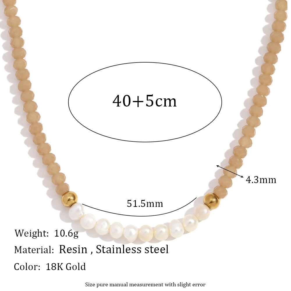 Collana alla moda da donna in stile OL con pendente geometrico in acciaio inossidabile, dieci perle d'acqua dolce e cristalli sfaccettati scuri infilati a mano su catena standard