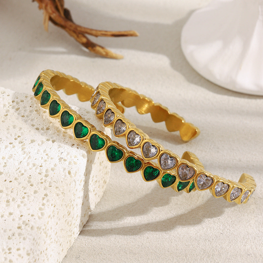 Minimalist Heart-Shaped Stainless Steel Plated 18K Gold Zirconia Full-Pavé Bracelet for Women