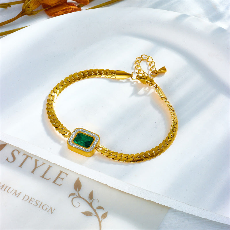 Bracciale da donna in Acciaio al titanio intrecciato minimalista vintage, verde, quadrato, intarsiato con strass
