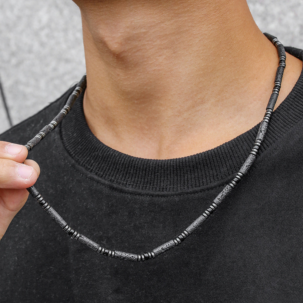 Bohemian Handmade Geometric Round Volcanic Stone and Hematite Long Necklace for Unisex