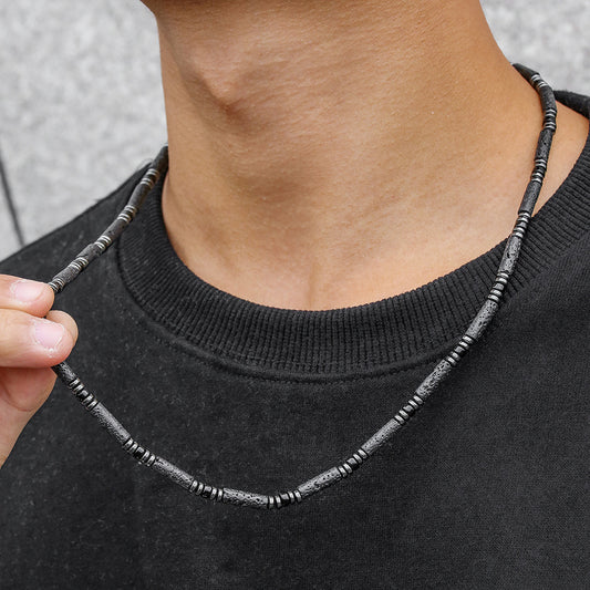 Bohemian Handmade Geometric Round Volcanic Stone and Hematite Long Necklace for Unisex