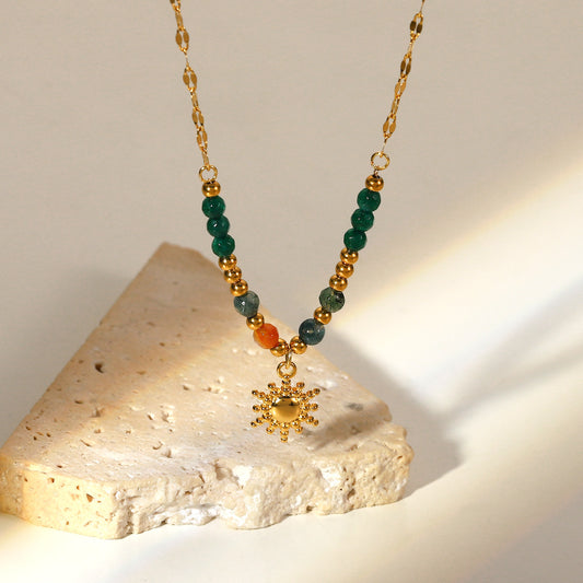 Vintage French Style 18K Gold Plated Stainless Steel Sun Geometric Pendant Necklace for Women