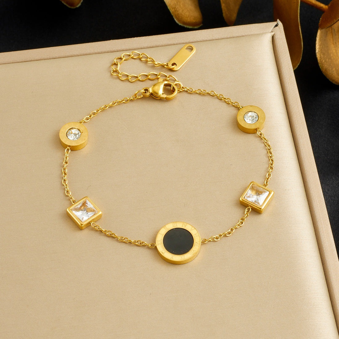 Geometric Round Square Rhinestone Inlay Gold Plated Stainless Steel Pendant for Women