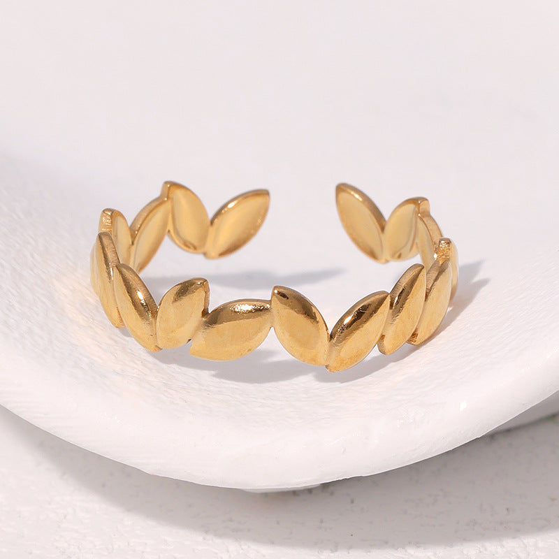 Minimalist 18K Gold Plated Stainless Steel Three-Leaf Clover Open Ring for Women