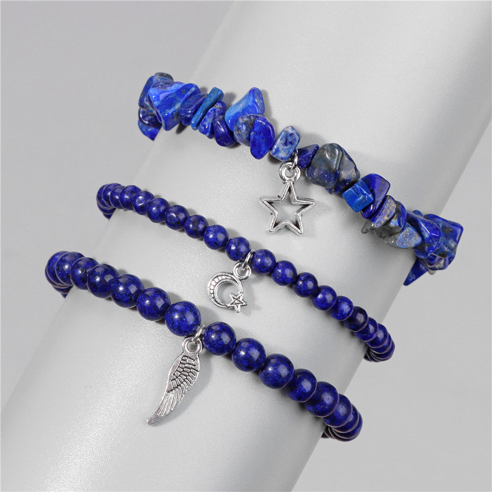 Vintage Amethyst Crystal Chip Beads Bracelet with Star Moon Pendant Geometric Irregular Stone Elastic Multi-Layer Bracelet for Women
