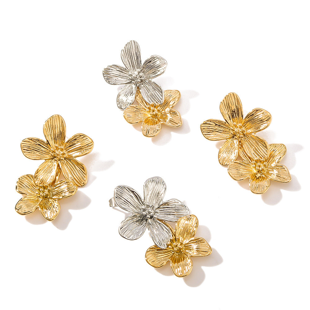 Orecchini pendenti con fiore e nappa in acciaio inossidabile placcato oro 18 carati, stile vintage francese