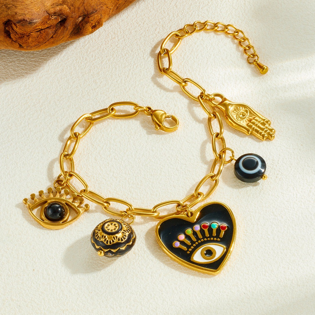 Gothic Drip Oil Plated Stainless Steel Heart and Round Eye Palm Pendant Jewelry Set with Curb Chain