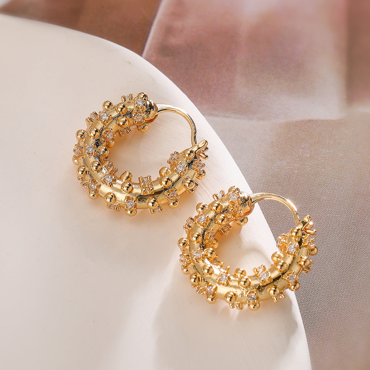 Minimalist Geometric Copper Hoop Earrings with Real Gold Plating and Zircon Inlay for Women