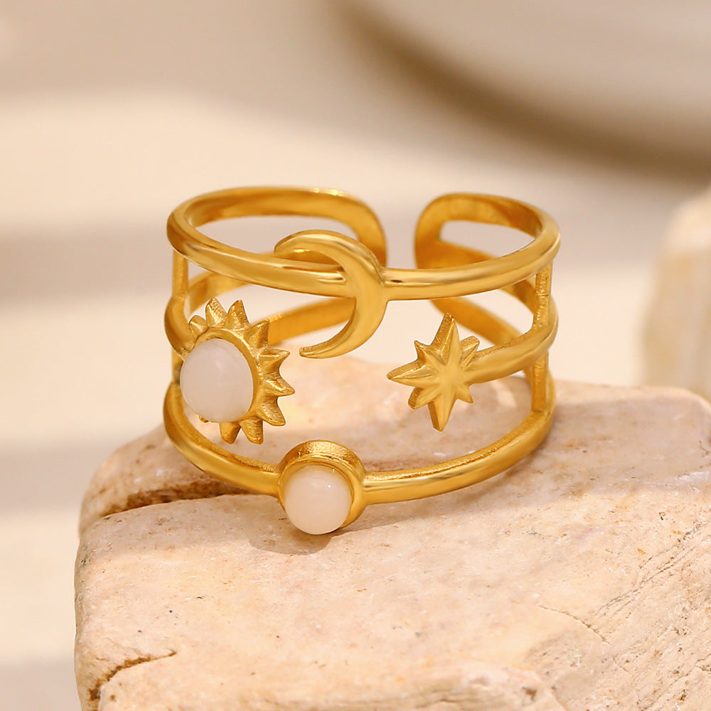 Elegant Moon and Sun Open Ring in Stainless Steel with 18K Gold Plating Geometric Design for Women