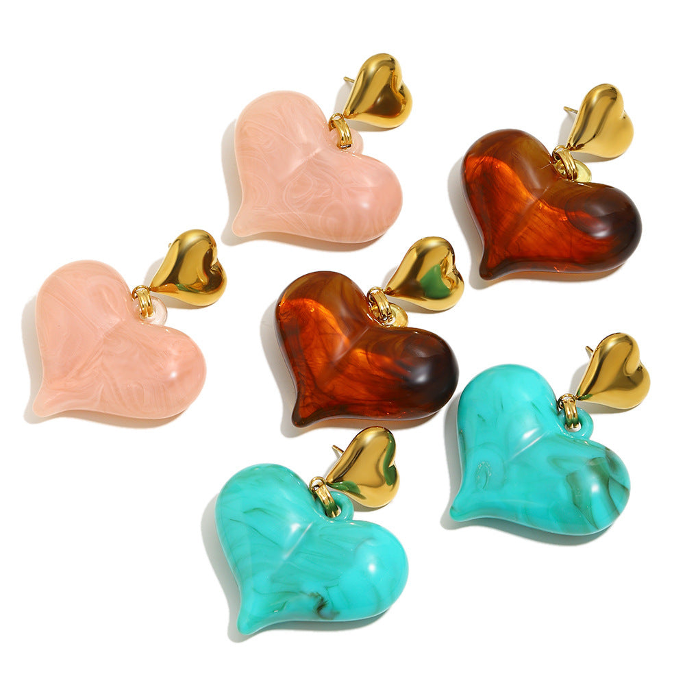 Vintage 18K Gold Plated Stainless Steel and Acrylic Heart Earrings