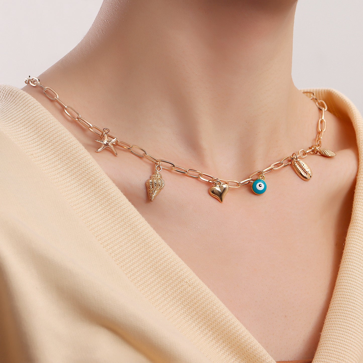 Minimalist Seashell and Starfish Pendant Necklace for Women with Geometric Shape Alloy Chain and Plated Finish