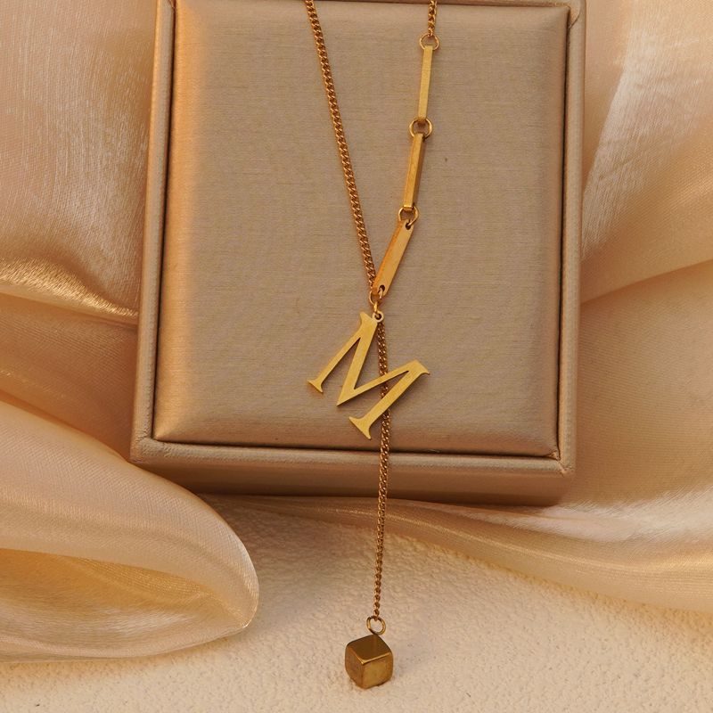 Minimalist Titanium Steel Letter Pendant Necklace with Tassel for Women