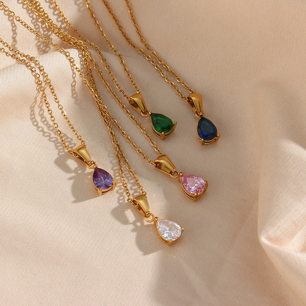 Minimalist Geometric Teardrop Zircon Pendant Necklace in Stainless Steel with 18K Gold Plating for Women